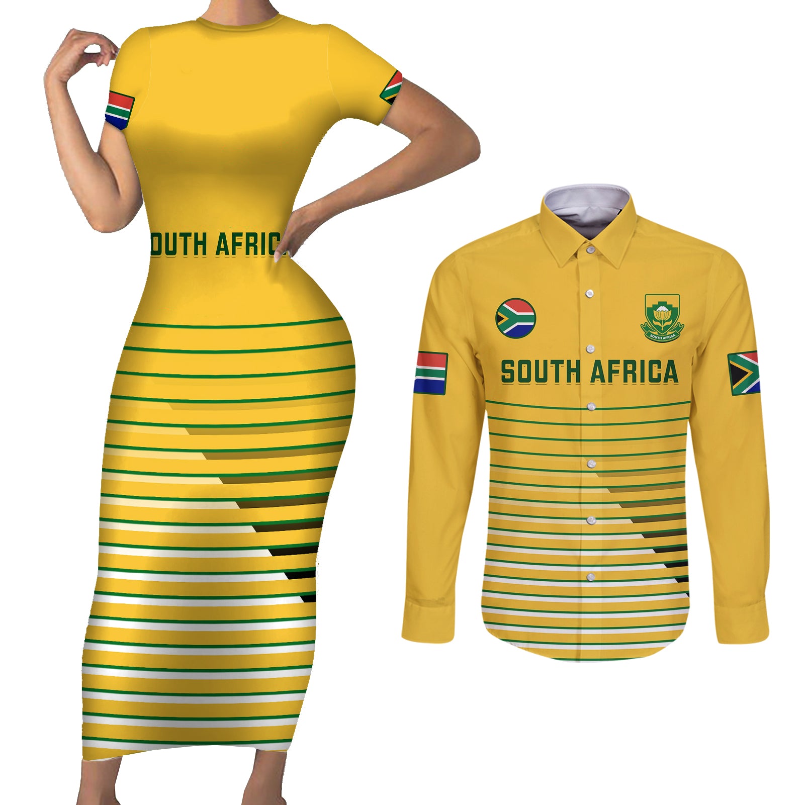 South Africa Soccer Couples Matching Short Sleeve Bodycon Dress and Long Sleeve Button Shirts 2023 World Cup Go Banyana Banyana Yellow - Wonder Print Shop