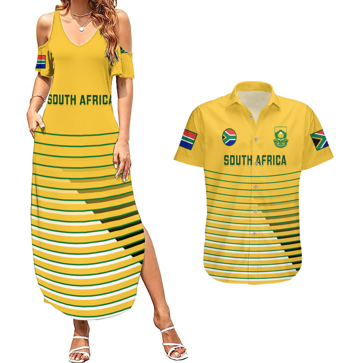 South Africa Soccer Couples Matching Summer Maxi Dress and Hawaiian Shirt 2023 World Cup Go Banyana Banyana Yellow - Wonder Print Shop