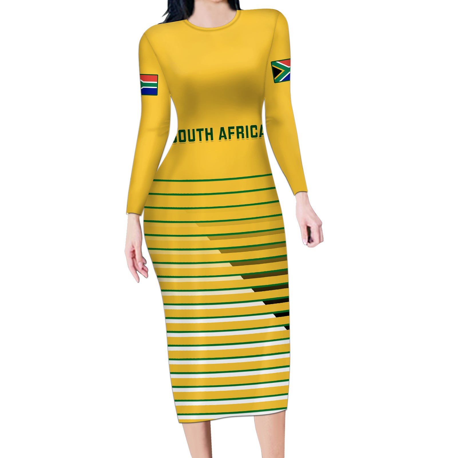 South Africa Soccer Long Sleeve Bodycon Dress 2023 World Cup Go Banyana Banyana Yellow - Wonder Print Shop