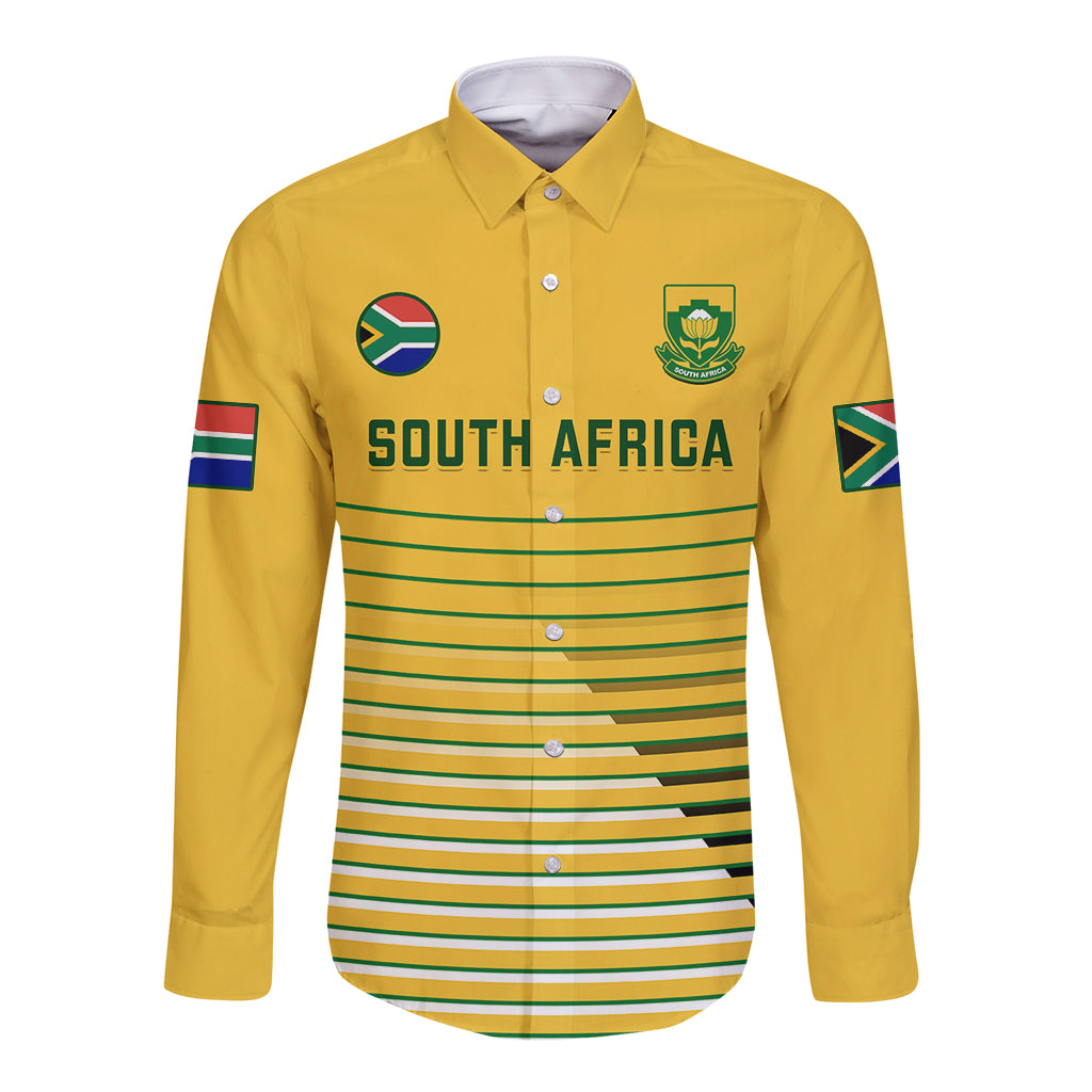 Yellow long-sleeve soccer button shirt with South Africa crest, flag sleeves, striped front.