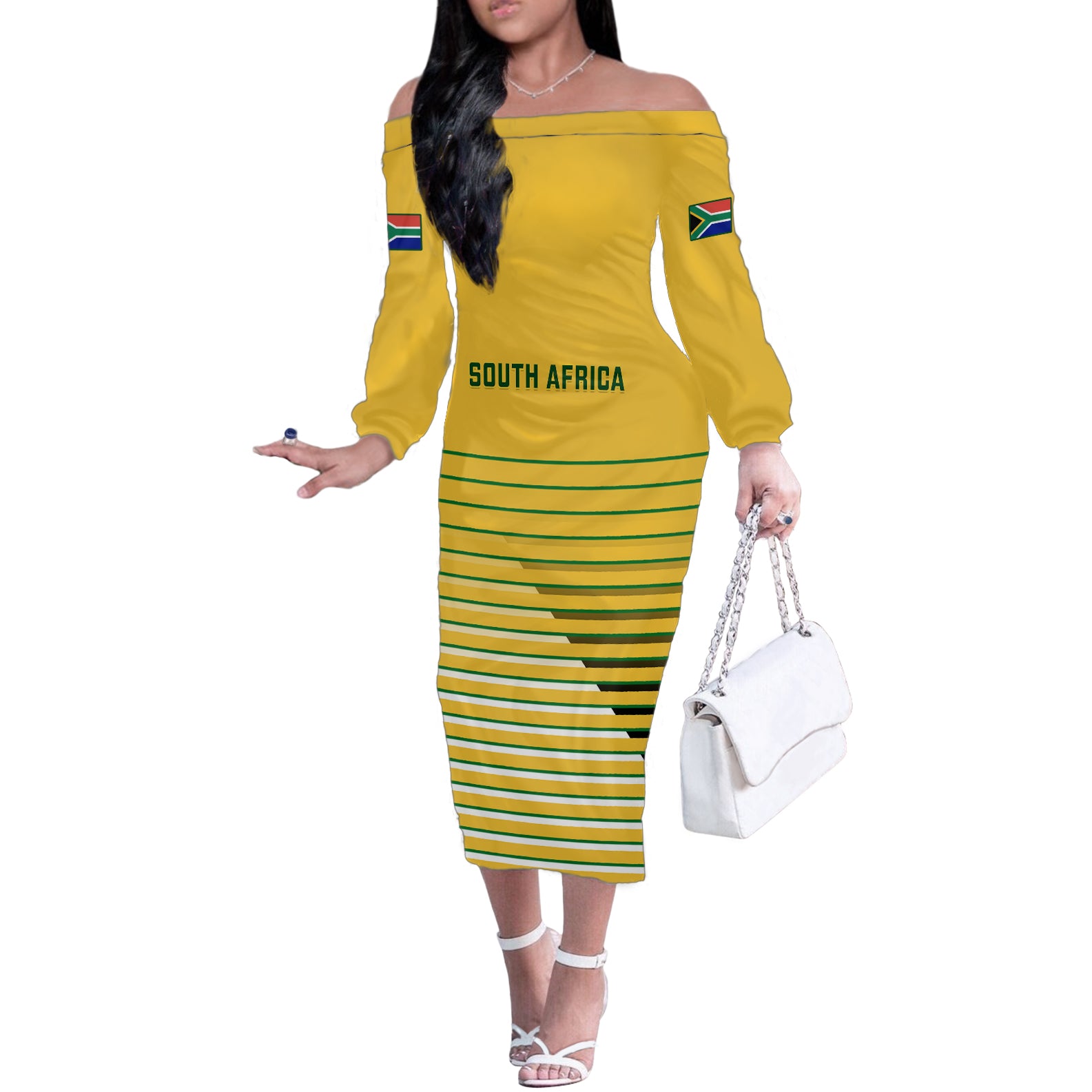 South Africa Soccer Off The Shoulder Long Sleeve Dress 2023 World Cup Go Banyana Banyana Yellow - Wonder Print Shop