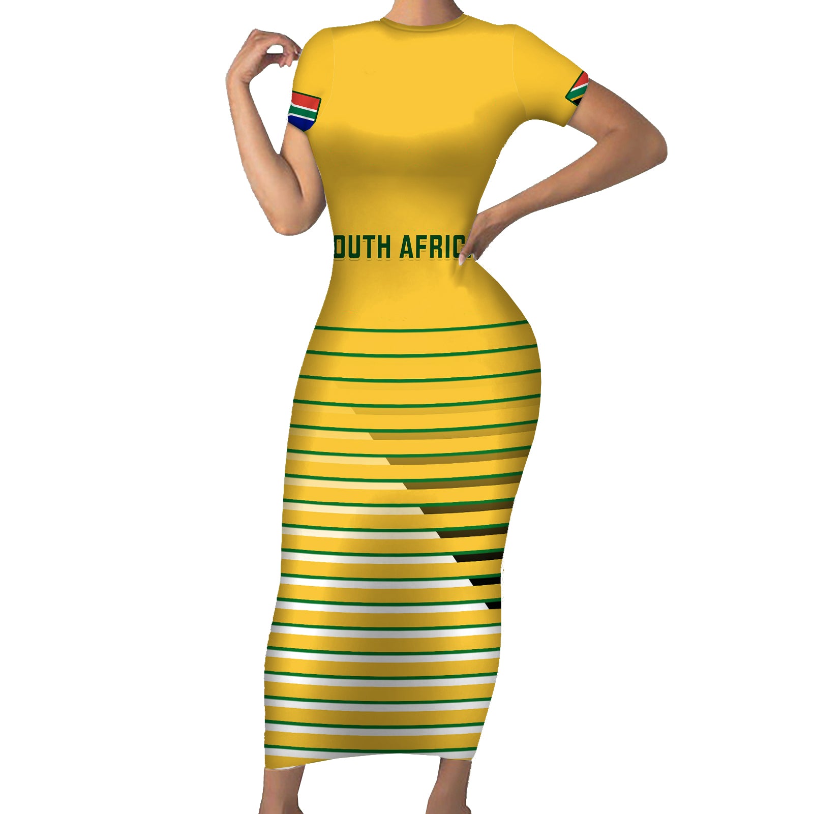 South Africa Soccer Short Sleeve Bodycon Dress 2023 World Cup Go Banyana Banyana Yellow - Wonder Print Shop