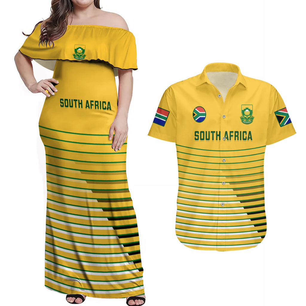 Custom South Africa Soccer Couples Matching Off Shoulder Maxi Dress and Hawaiian Shirt 2023 World Cup Go Banyana Banyana Yellow - Wonder Print Shop