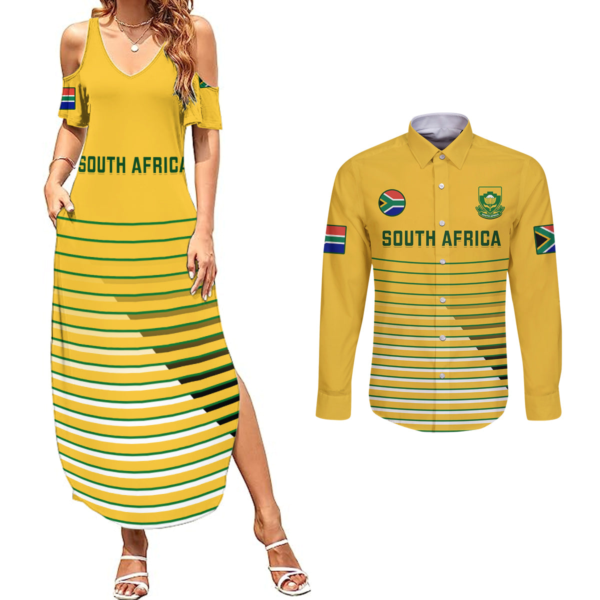 Custom South Africa Soccer Couples Matching Summer Maxi Dress and Long Sleeve Button Shirts 2023 World Cup Go Banyana Banyana Yellow - Wonder Print Shop