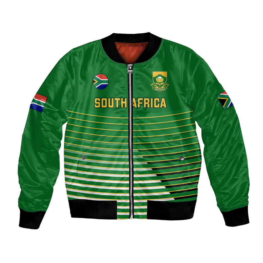 Green soccer bomber jacket with zip front, South Africa text, crest and flag patches