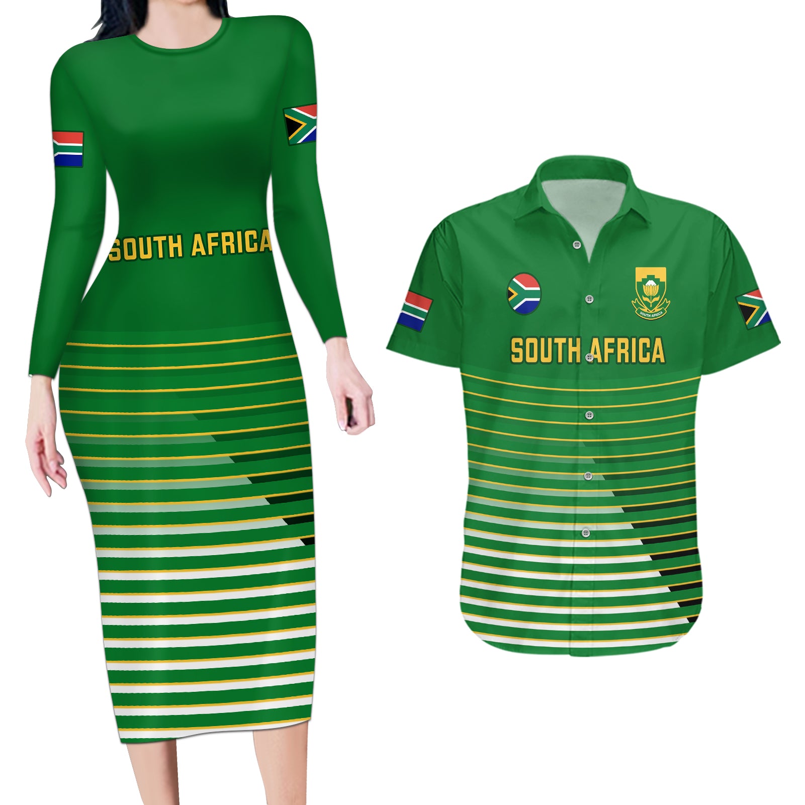 South Africa Soccer Couples Matching Long Sleeve Bodycon Dress and Hawaiian Shirt 2023 World Cup Go Banyana Banyana Green - Wonder Print Shop