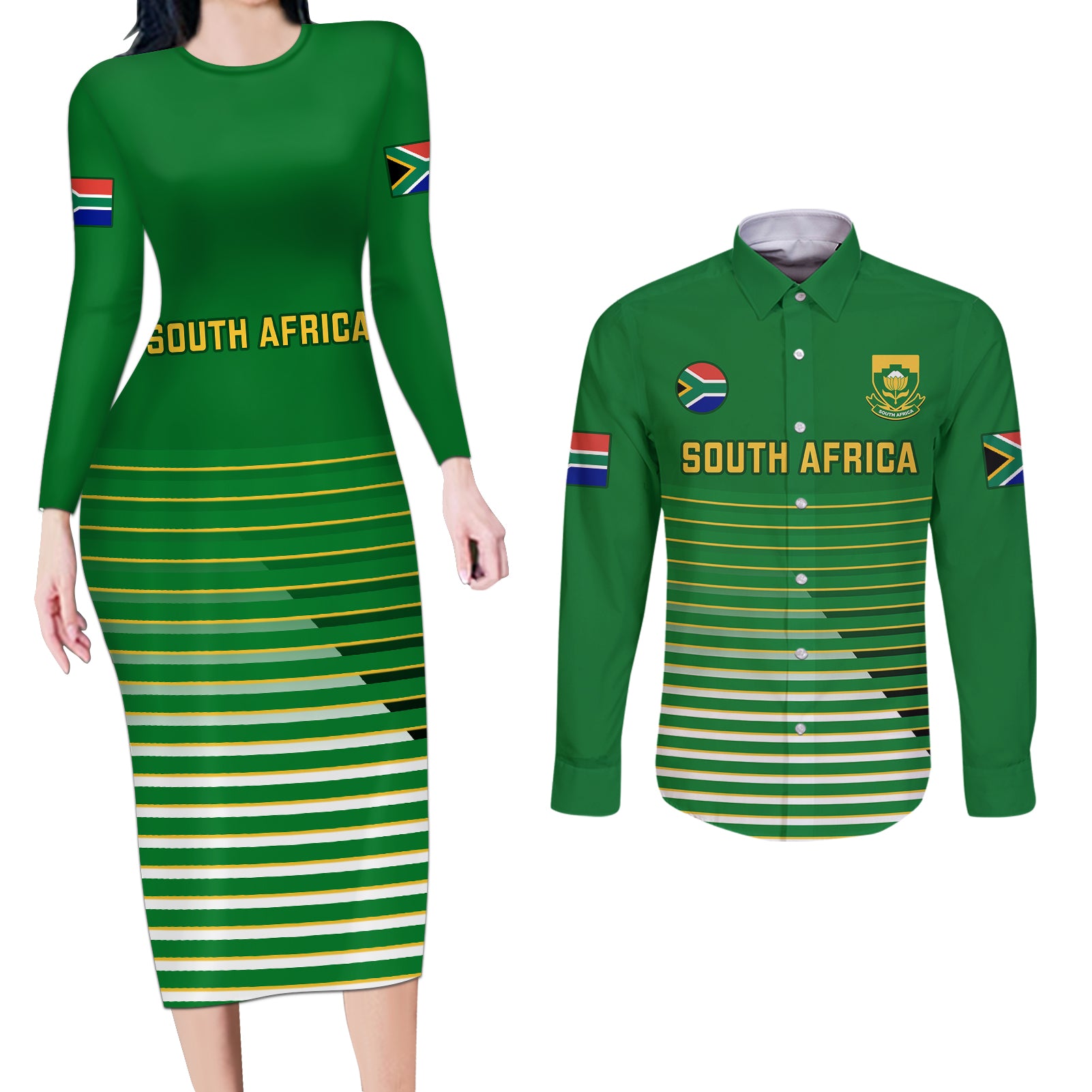 South Africa Soccer Couples Matching Long Sleeve Bodycon Dress and Long Sleeve Button Shirts 2023 World Cup Go Banyana Banyana Green - Wonder Print Shop