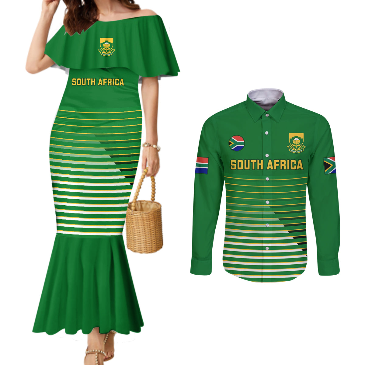 south-africa-soccer-couples-matching-mermaid-dress-and-long-sleeve-button-shirts-2023-world-cup-go-banyana-banyana-green