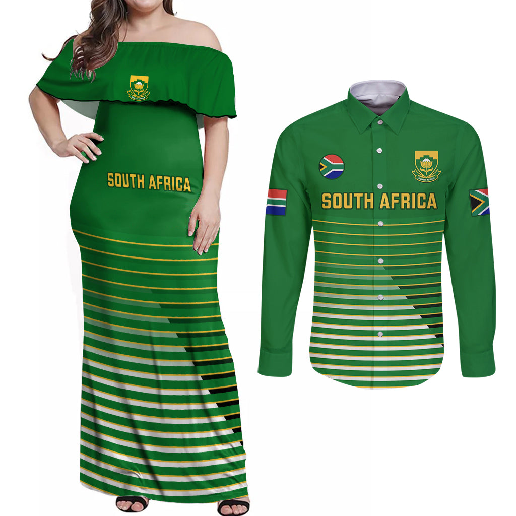 South Africa Soccer Couples Matching Off Shoulder Maxi Dress and Long Sleeve Button Shirts 2023 World Cup Go Banyana Banyana Green - Wonder Print Shop