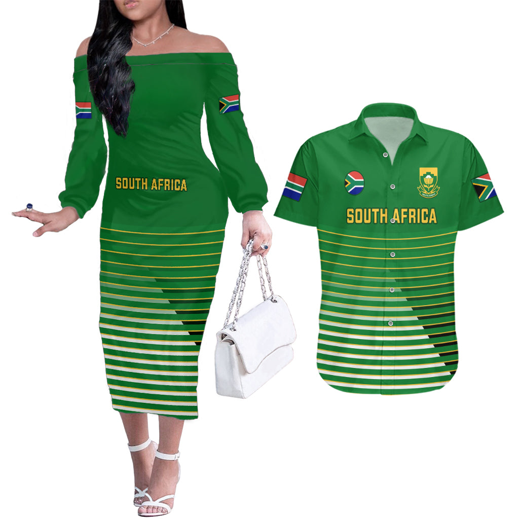 South Africa Soccer Couples Matching Off The Shoulder Long Sleeve Dress and Hawaiian Shirt 2023 World Cup Go Banyana Banyana Green - Wonder Print Shop