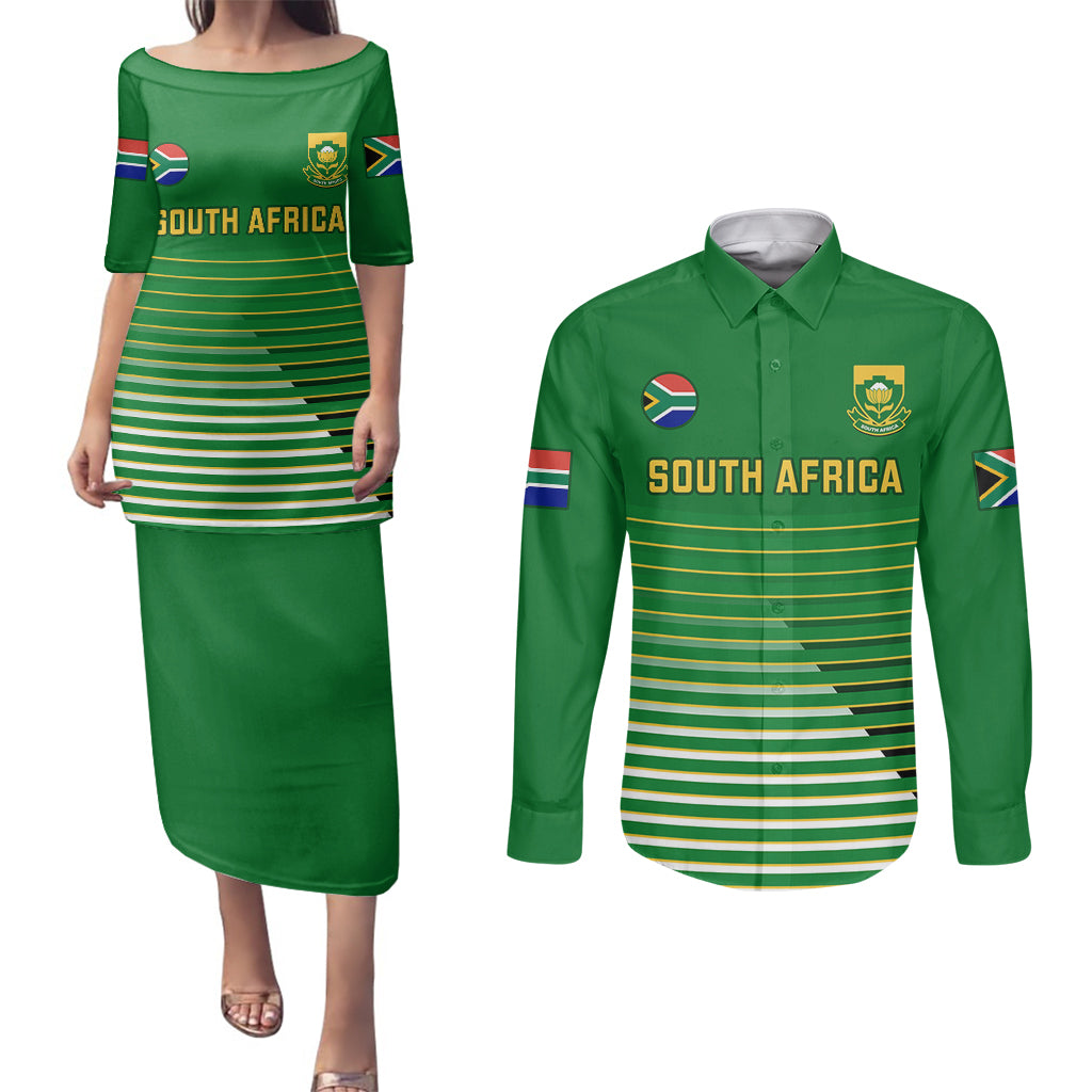 South Africa Soccer Couples Matching Puletasi Dress and Long Sleeve Button Shirts 2023 World Cup Go Banyana Banyana Green - Wonder Print Shop