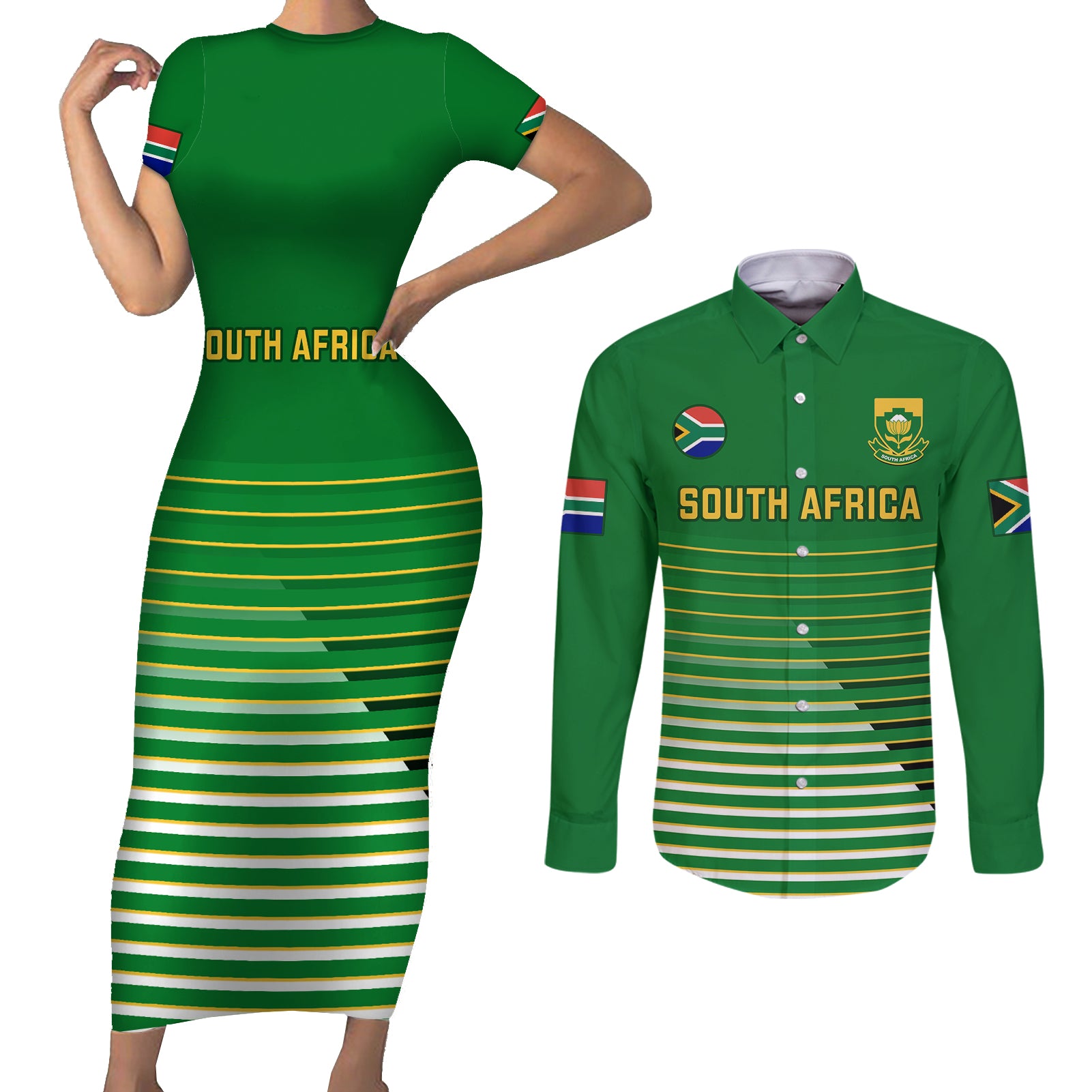 South Africa Soccer Couples Matching Short Sleeve Bodycon Dress and Long Sleeve Button Shirts 2023 World Cup Go Banyana Banyana Green - Wonder Print Shop