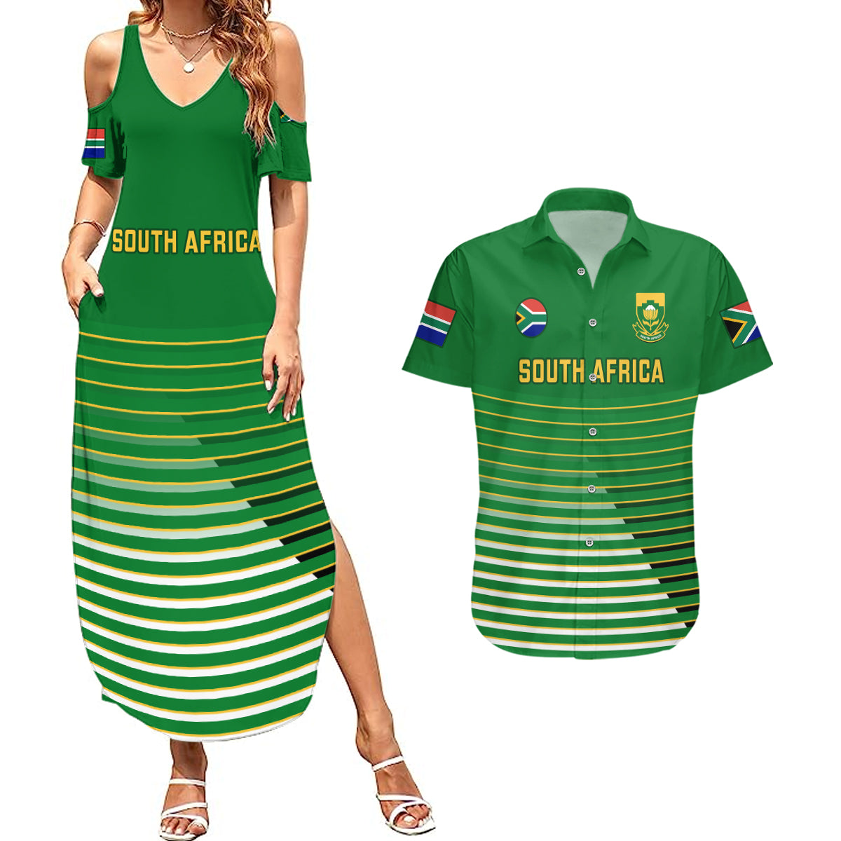 South Africa Soccer Couples Matching Summer Maxi Dress and Hawaiian Shirt 2023 World Cup Go Banyana Banyana Green - Wonder Print Shop