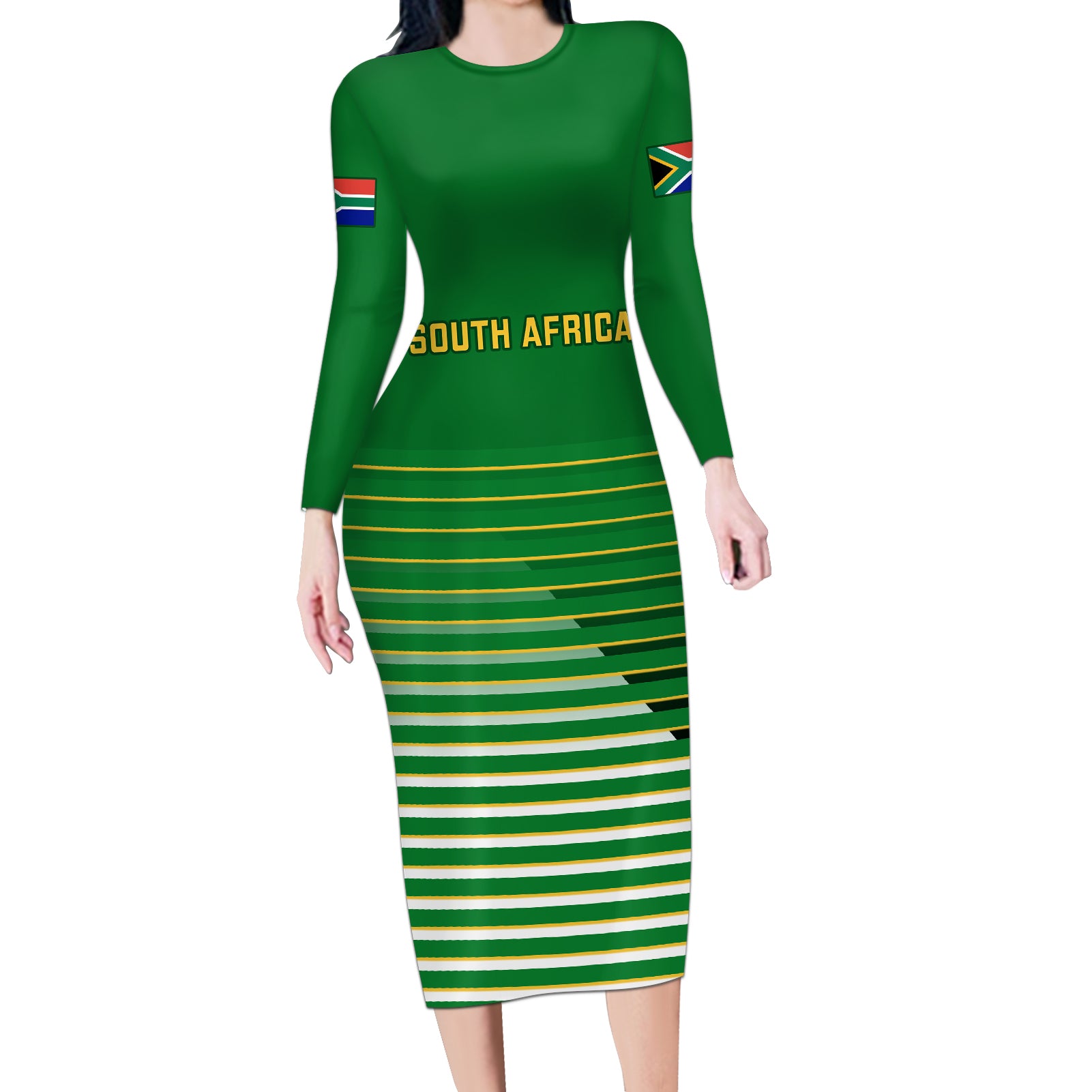 South Africa Soccer Long Sleeve Bodycon Dress 2023 World Cup Go Banyana Banyana Green - Wonder Print Shop