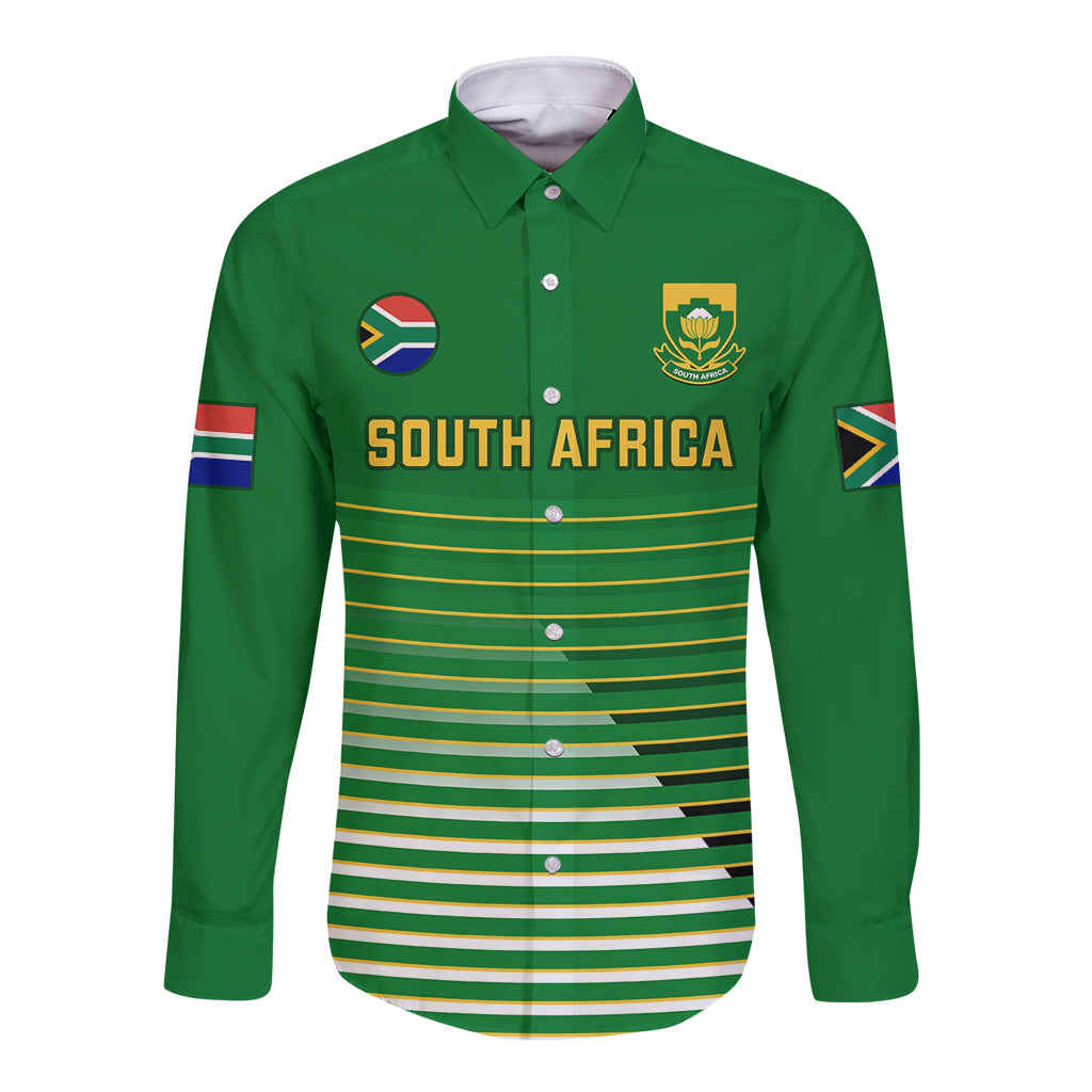 Green long-sleeve button soccer shirt with SOUTH AFRICA text, crest, and striped panel