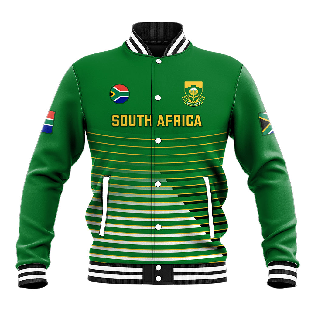 Green South Africa baseball jacket, front snap-up with striped ribbed collar and cuffs.