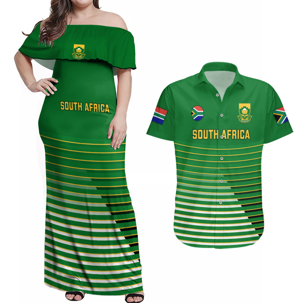 Custom South Africa Soccer Couples Matching Off Shoulder Maxi Dress and Hawaiian Shirt 2023 World Cup Go Banyana Banyana Green - Wonder Print Shop