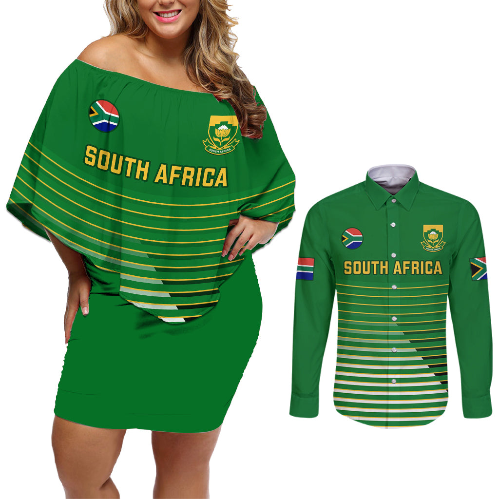 Custom South Africa Soccer Couples Matching Off Shoulder Short Dress and Long Sleeve Button Shirts 2023 World Cup Go Banyana Banyana Green - Wonder Print Shop