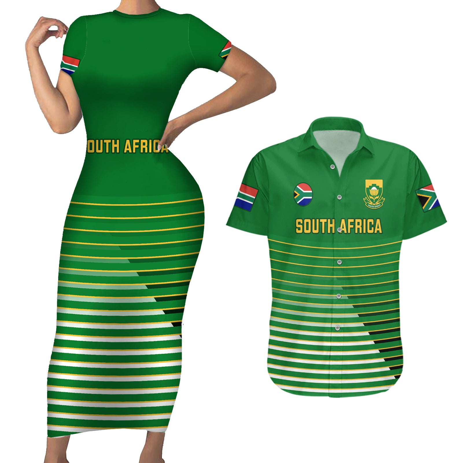 Custom South Africa Soccer Couples Matching Short Sleeve Bodycon Dress and Hawaiian Shirt 2023 World Cup Go Banyana Banyana Green - Wonder Print Shop