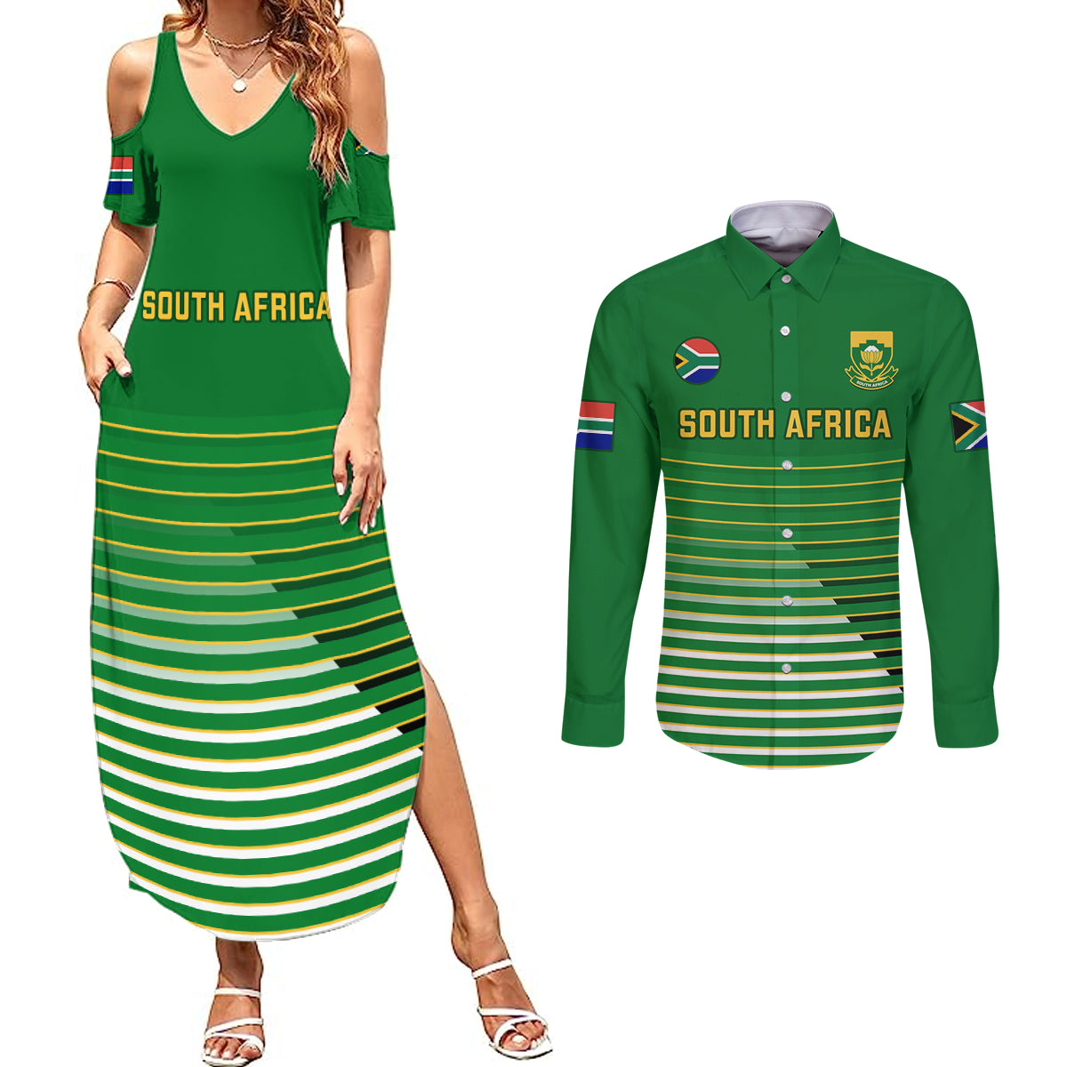 Custom South Africa Soccer Couples Matching Summer Maxi Dress and Long Sleeve Button Shirts 2023 World Cup Go Banyana Banyana Green - Wonder Print Shop