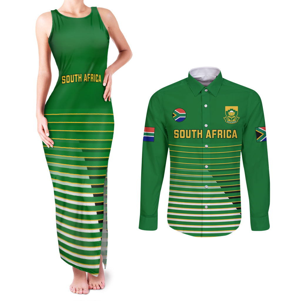 Custom South Africa Soccer Couples Matching Tank Maxi Dress and Long Sleeve Button Shirts 2023 World Cup Go Banyana Banyana Green - Wonder Print Shop