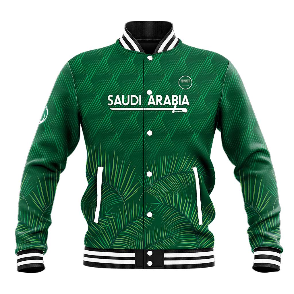 Green satin baseball jacket with ribbed striped collar, button front, Saudi Arabia graphic