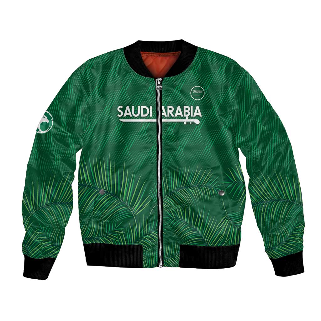 Green bomber jacket with full-zip front, palm leaf pattern, SAUDI ARABIA text