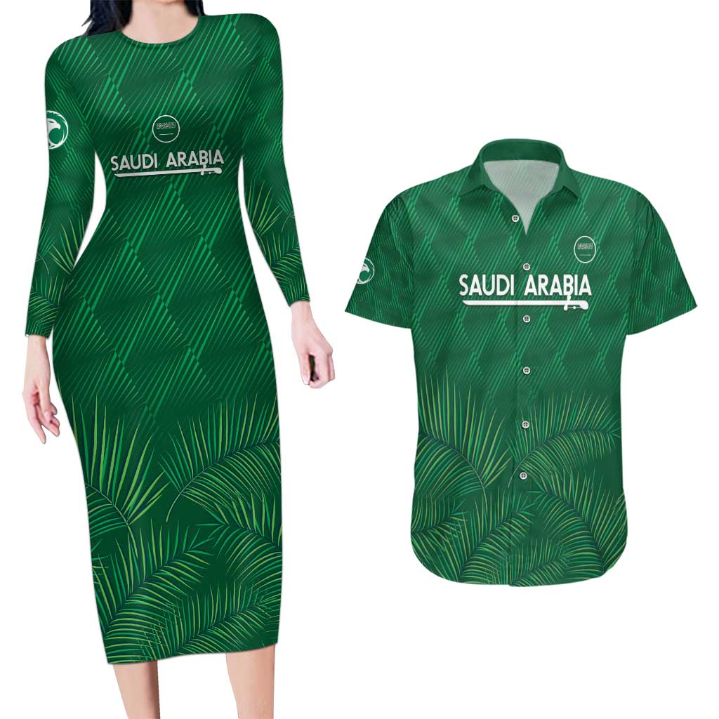 Custom Saudi Arabia Football Couples Matching Long Sleeve Bodycon Dress and Hawaiian Shirt Go Green Falcons Sporty Style - Wonder Print Shop