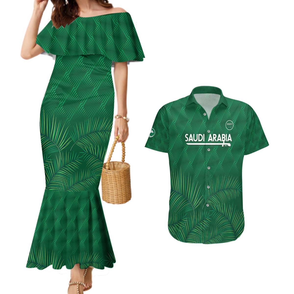 Custom Saudi Arabia Football Couples Matching Mermaid Dress and Hawaiian Shirt Go Green Falcons Sporty Style - Wonder Print Shop