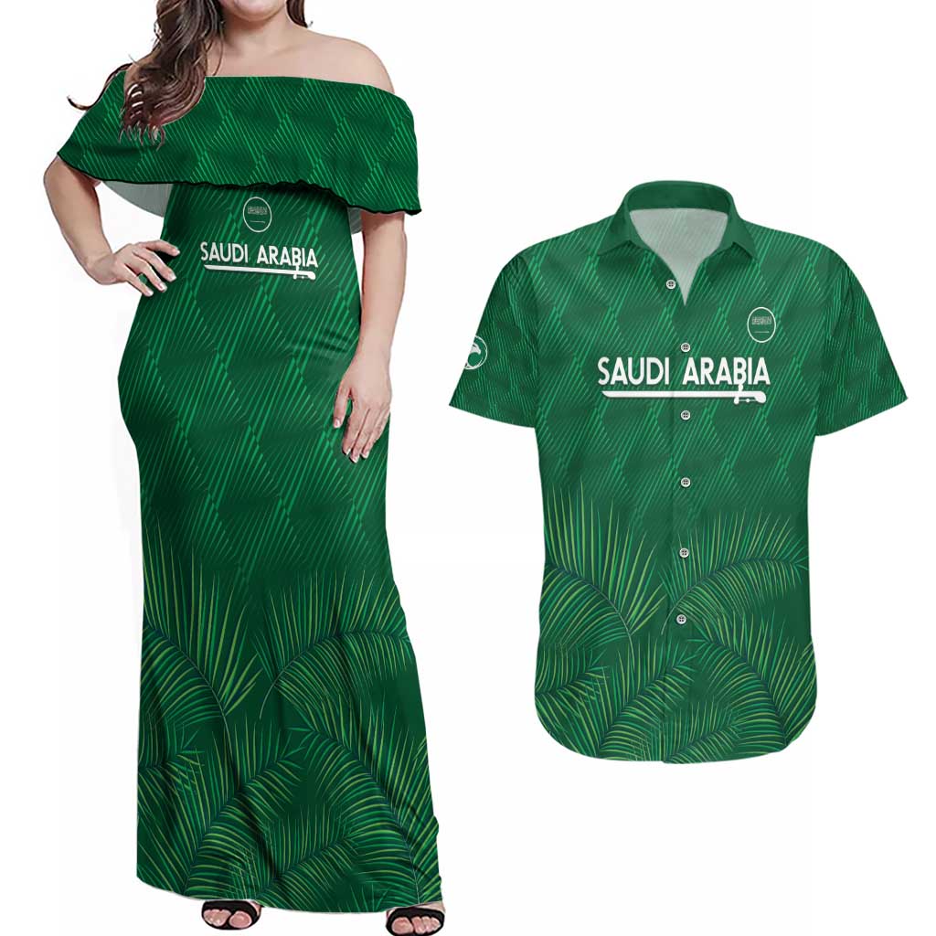 Custom Saudi Arabia Football Couples Matching Off Shoulder Maxi Dress and Hawaiian Shirt Go Green Falcons Sporty Style - Wonder Print Shop