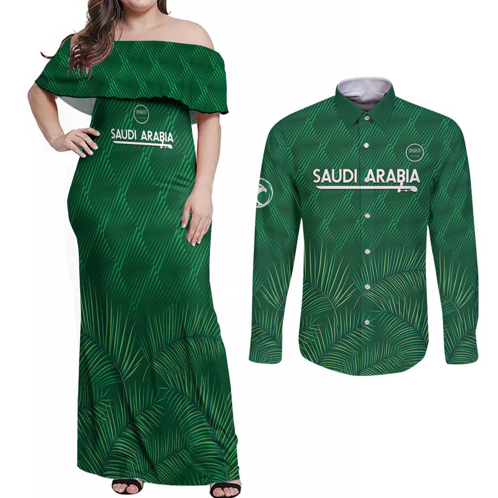 Custom Saudi Arabia Football Couples Matching Off Shoulder Maxi Dress and Long Sleeve Button Shirt Go Green Falcons Sporty Style - Wonder Print Shop