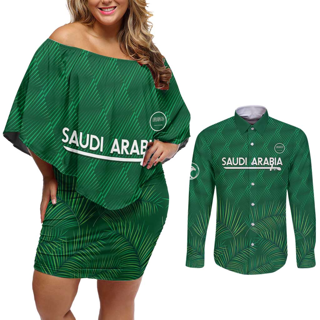 Custom Saudi Arabia Football Couples Matching Off Shoulder Short Dress and Long Sleeve Button Shirt Go Green Falcons Sporty Style - Wonder Print Shop