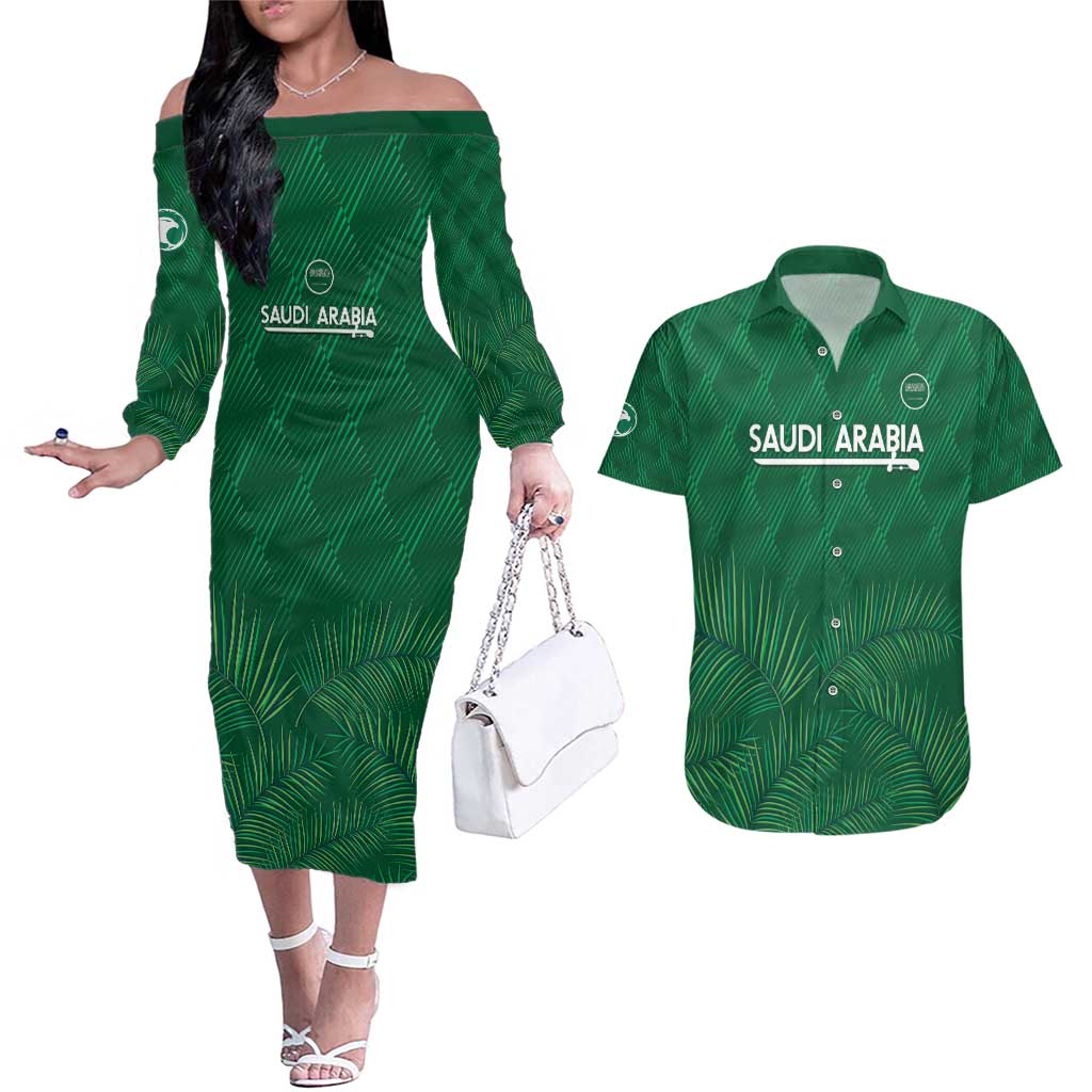 Custom Saudi Arabia Football Couples Matching Off The Shoulder Long Sleeve Dress and Hawaiian Shirt Go Green Falcons Sporty Style - Wonder Print Shop