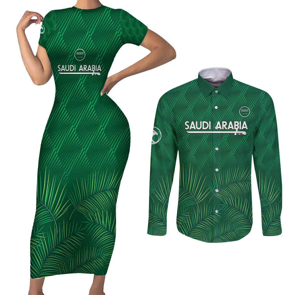 Custom Saudi Arabia Football Couples Matching Short Sleeve Bodycon Dress and Long Sleeve Button Shirt Go Green Falcons Sporty Style - Wonder Print Shop