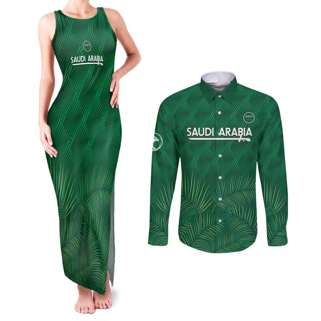 Custom Saudi Arabia Football Couples Matching Tank Maxi Dress and Long Sleeve Button Shirt Go Green Falcons Sporty Style - Wonder Print Shop