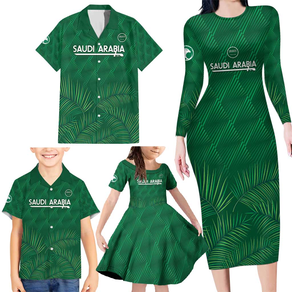 Custom Saudi Arabia Football Family Matching Long Sleeve Bodycon Dress and Hawaiian Shirt Go Green Falcons Sporty Style - Wonder Print Shop