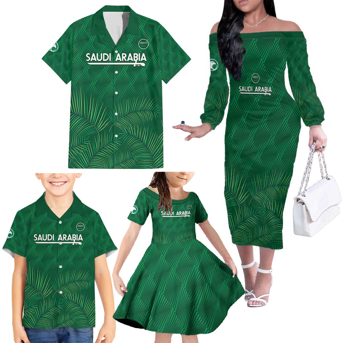 Custom Saudi Arabia Football Family Matching Off The Shoulder Long Sleeve Dress and Hawaiian Shirt Go Green Falcons Sporty Style - Wonder Print Shop