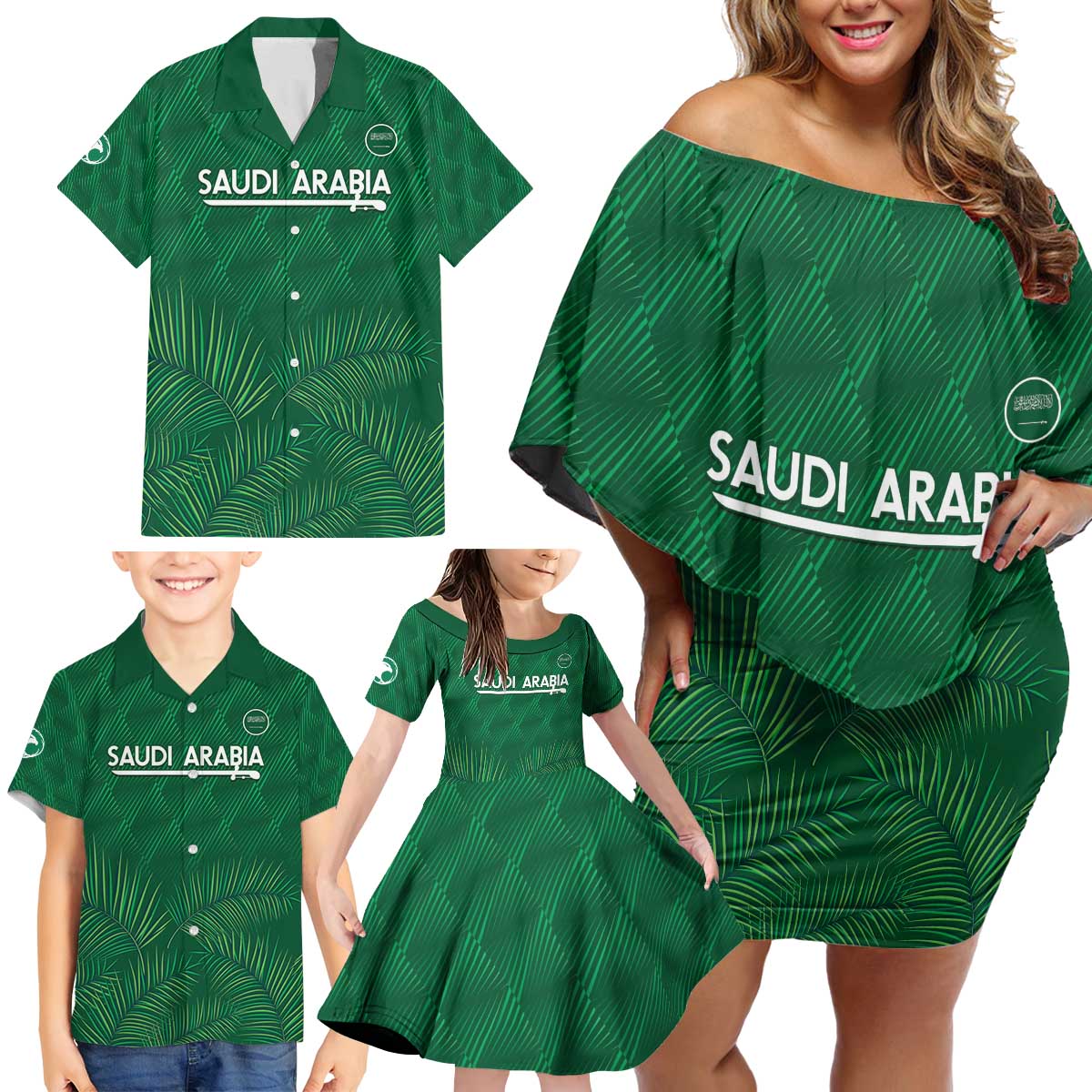 Custom Saudi Arabia Football Family Matching Off Shoulder Short Dress and Hawaiian Shirt Go Green Falcons Sporty Style - Wonder Print Shop