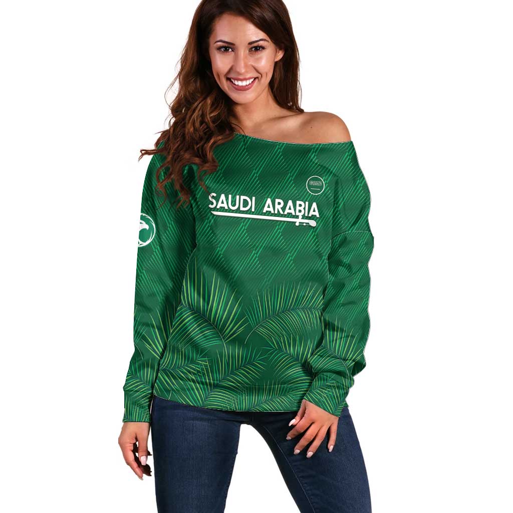 Custom Saudi Arabia Football Off Shoulder Sweater Go Green Falcons Sporty Style - Wonder Print Shop