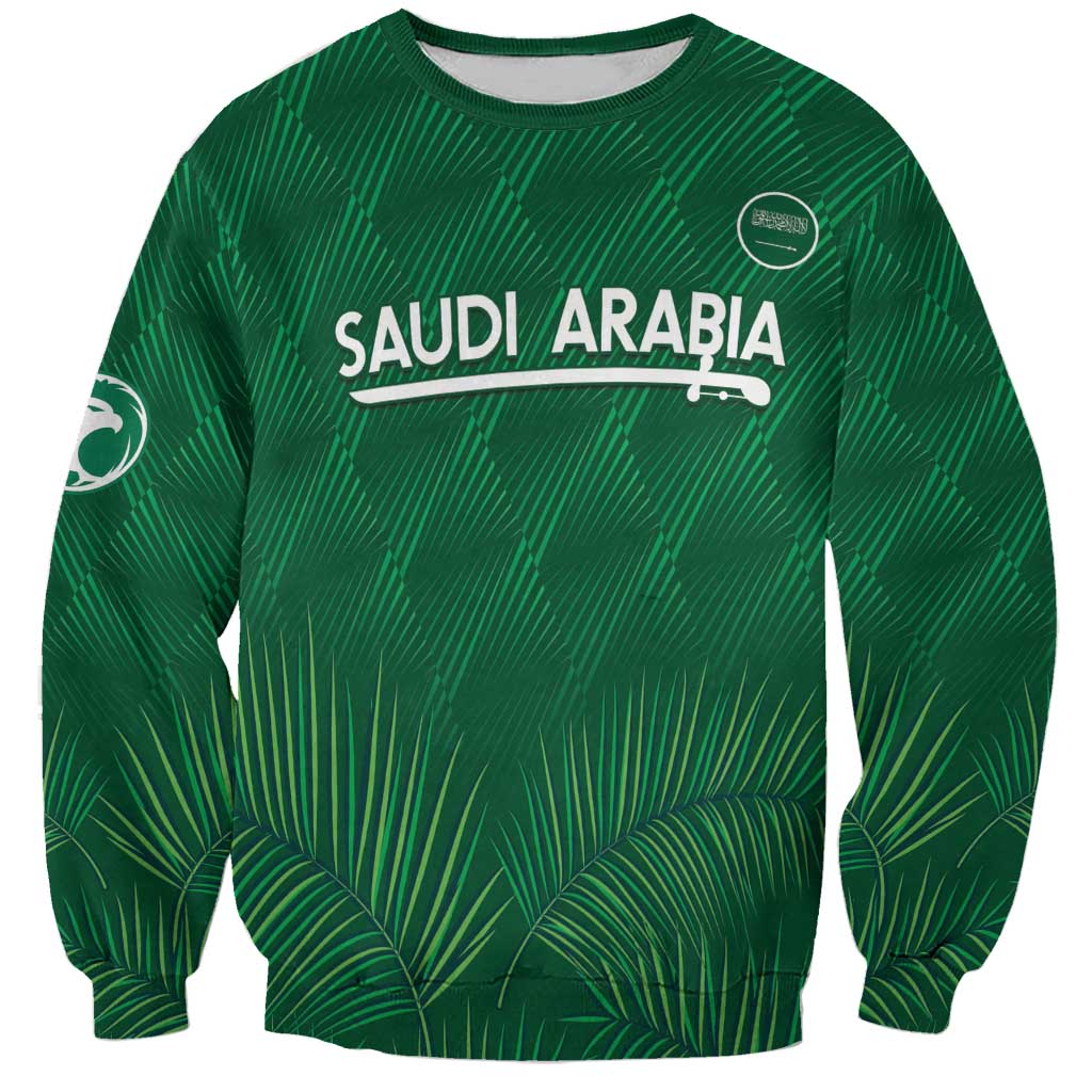 Green crewneck sweatshirt with palm pattern, 'SAUDI ARABIA' graphic, long sleeves