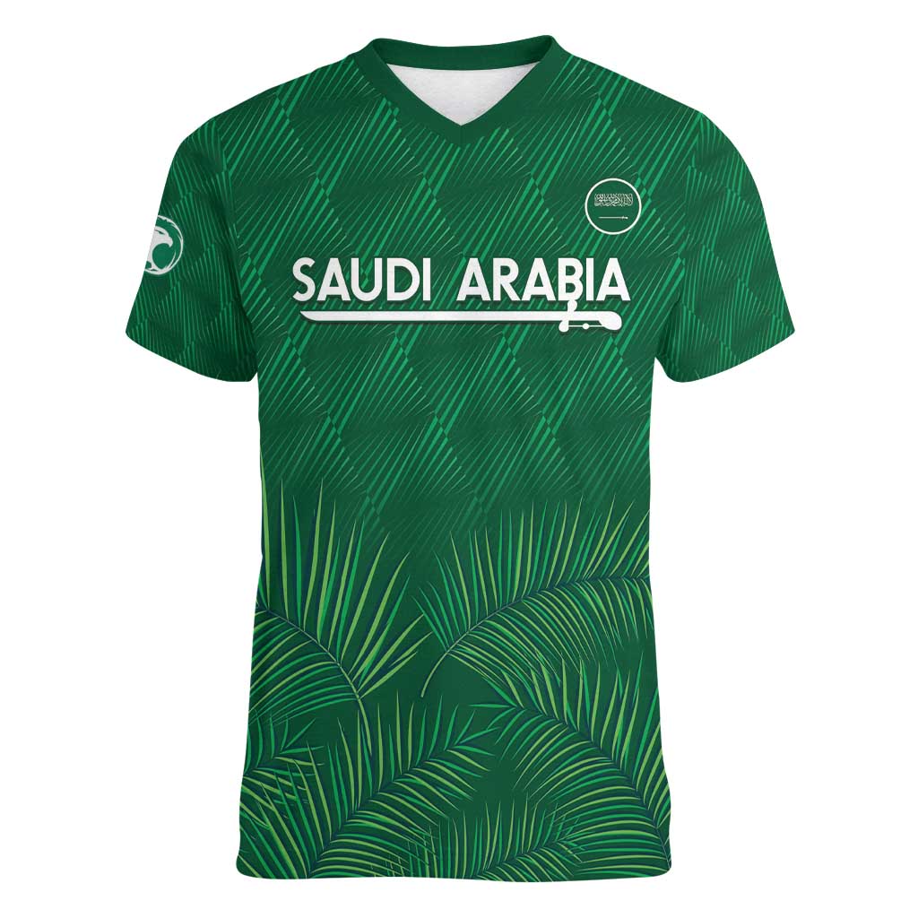 Custom Saudi Arabia Football Women V-Neck T-Shirt Go Green Falcons Sporty Style - Wonder Print Shop