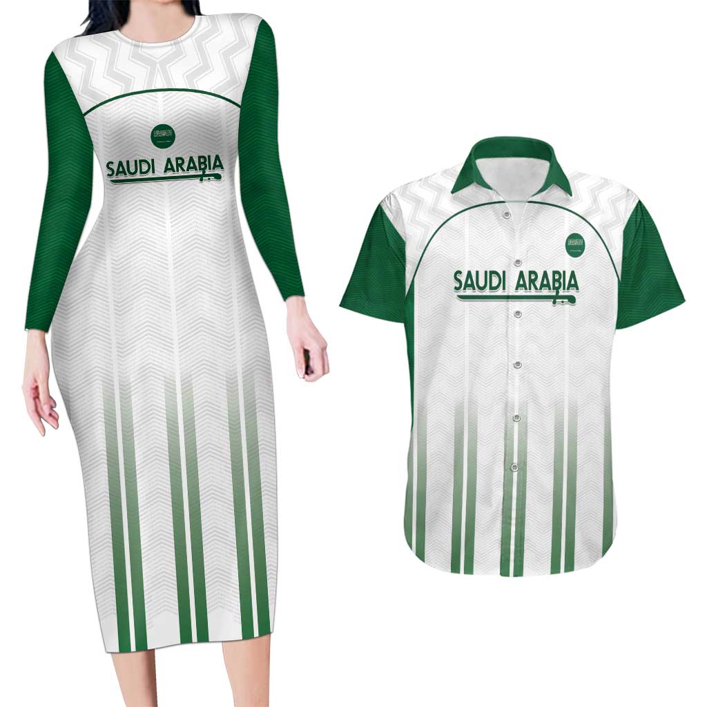 Custom Saudi Arabia Football Couples Matching Long Sleeve Bodycon Dress and Hawaiian Shirt Go Green Falcons Sporty - White Version - Wonder Print Shop