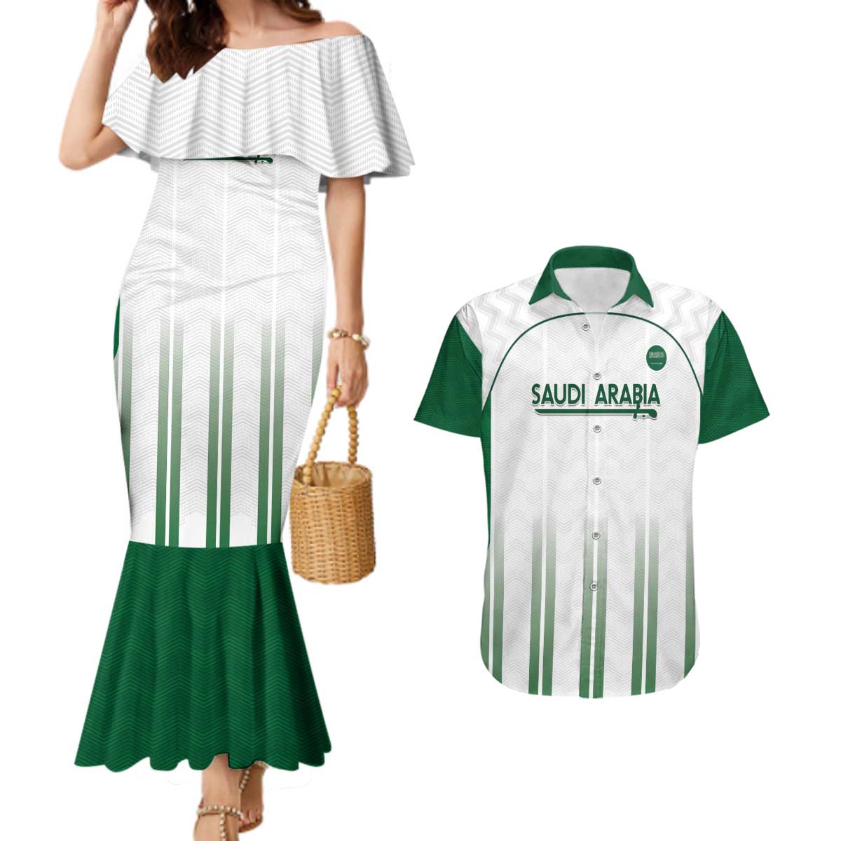 Custom Saudi Arabia Football Couples Matching Mermaid Dress and Hawaiian Shirt Go Green Falcons Sporty - White Version - Wonder Print Shop