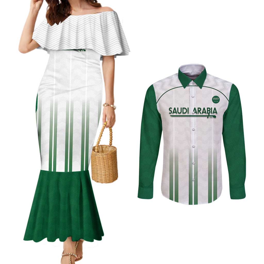 Custom Saudi Arabia Football Couples Matching Mermaid Dress and Long Sleeve Button Shirt Go Green Falcons Sporty - White Version