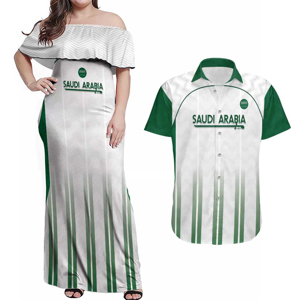 Custom Saudi Arabia Football Couples Matching Off Shoulder Maxi Dress and Hawaiian Shirt Go Green Falcons Sporty - White Version - Wonder Print Shop