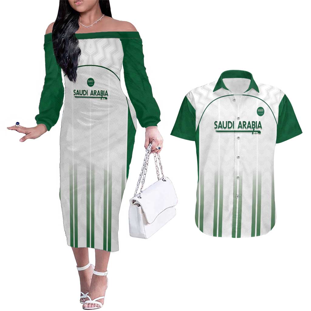 Custom Saudi Arabia Football Couples Matching Off The Shoulder Long Sleeve Dress and Hawaiian Shirt Go Green Falcons Sporty - White Version - Wonder Print Shop