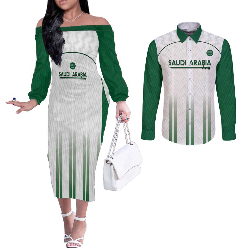 Custom Saudi Arabia Football Couples Matching Off The Shoulder Long Sleeve Dress and Long Sleeve Button Shirt Go Green Falcons Sporty - White Version