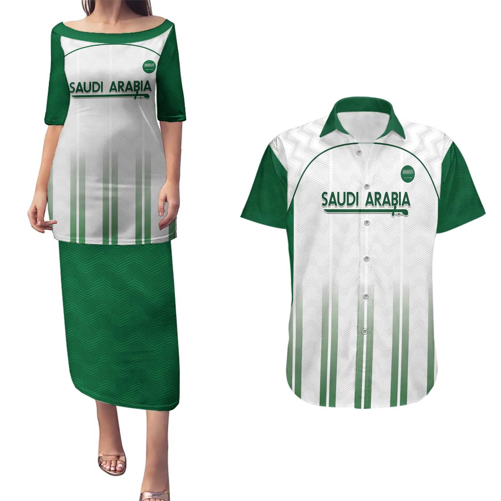 Custom Saudi Arabia Football Couples Matching Puletasi and Hawaiian Shirt Go Green Falcons Sporty - White Version - Wonder Print Shop