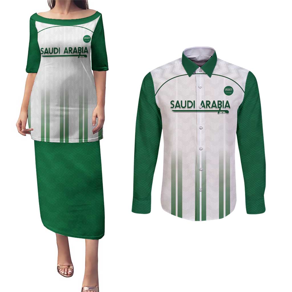 Custom Saudi Arabia Football Couples Matching Puletasi and Long Sleeve Button Shirt Go Green Falcons Sporty - White Version - Wonder Print Shop