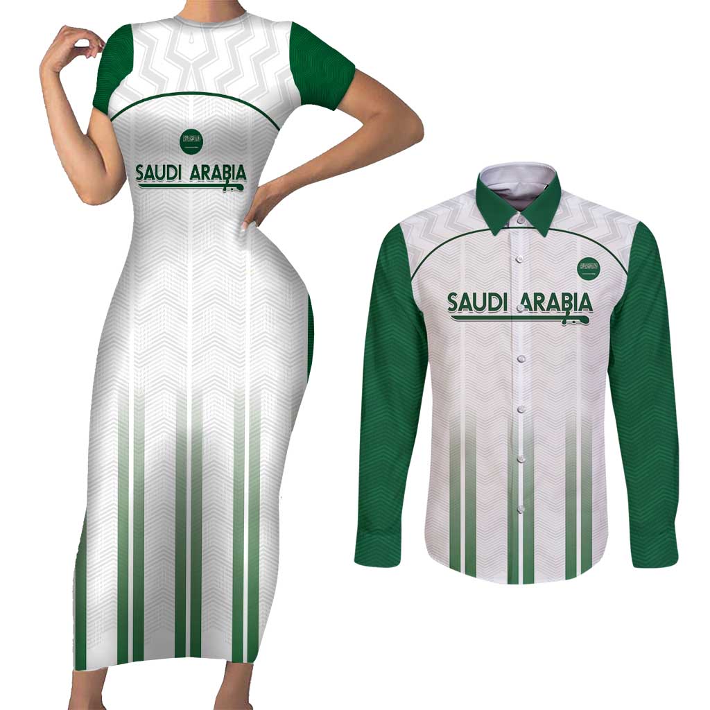 Custom Saudi Arabia Football Couples Matching Short Sleeve Bodycon Dress and Long Sleeve Button Shirt Go Green Falcons Sporty - White Version - Wonder Print Shop